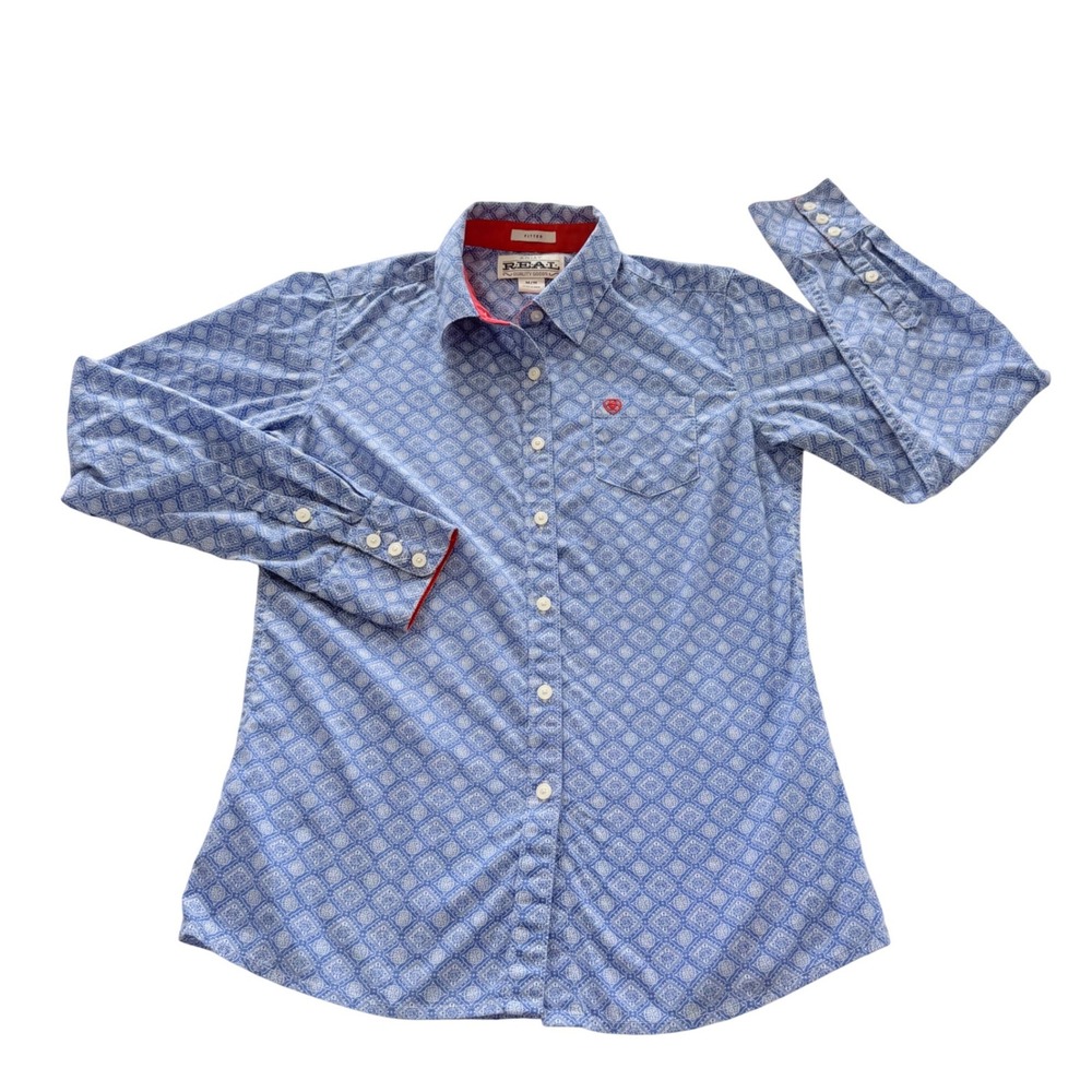 Ariat REAL Button Down Shirt Womens Medium Blue Geometric Long Sleeve Fitted